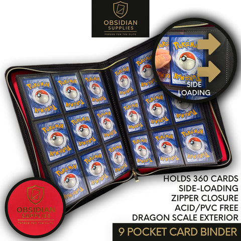 Obsidian Supplies – 9-Pocket Dragon Scale Premium Trading Card Binder | Casino Red Interior | Zippered | 360-Card Capacity