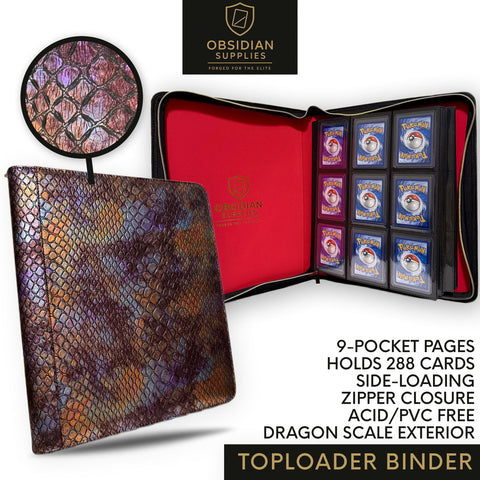 Obsidian Supplies – 9-Pocket Top Loader Binder | Dragon Scale Exterior | Casino Red Interior | Holds 288 Cards