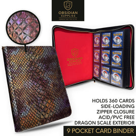Obsidian Supplies – 9-Pocket Dragon Scale Premium Trading Card Binder | Casino Red Interior | Zippered | 360-Card Capacity