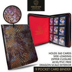 Obsidian Supplies – 9-Pocket Dragon Scale Premium Trading Card Binder | Casino Red Interior | Zippered | 360-Card Capacity