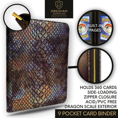 Obsidian Supplies – 9-Pocket Dragon Scale Premium Trading Card Binder | Casino Red Interior | Zippered | 360-Card Capacity