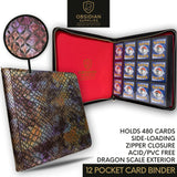 Obsidian Supplies – 12-Pocket Dragon Scale Premium Trading Card Binder | Casino Red Interior | Zippered | 480-Card Capacity