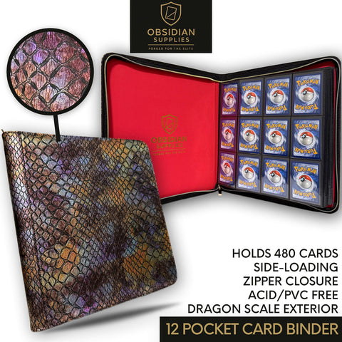 Obsidian Supplies – 12-Pocket Dragon Scale Premium Trading Card Binder | Casino Red Interior | Zippered | 480-Card Capacity