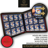 Obsidian Supplies – 12-Pocket Dragon Scale Premium Trading Card Binder | Casino Red Interior | Zippered | 480-Card Capacity