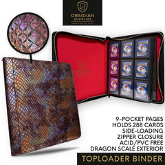 Obsidian Supplies – 9-Pocket Top Loader Binder | Dragon Scale Exterior | Casino Red Interior | Holds 288 Cards