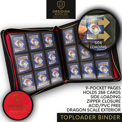 Obsidian Supplies – 9-Pocket Top Loader Binder | Dragon Scale Exterior | Casino Red Interior | Holds 288 Cards