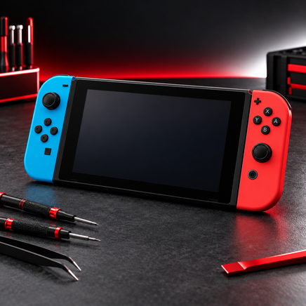 Nintendo red and white repair category graphic with original Joy-Con colors