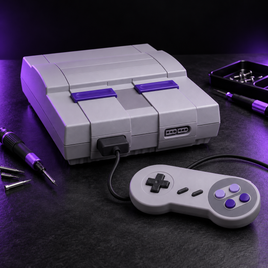 Retro Super Nintendo purple and gray repair category graphic