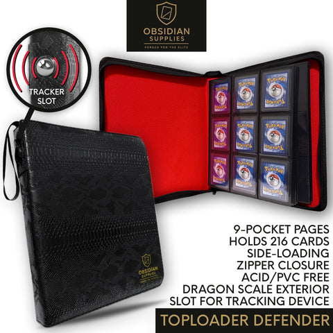 Trackable Top Loader Binder – Premium Top Loader Binder | Obsidian Supplies | 216 CT | 24 Page | Tracking Device Slot